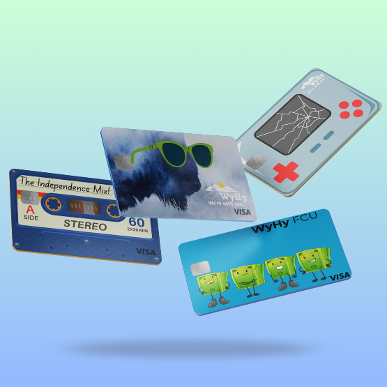 Medly of WyHy Debit Card Sticker Options
