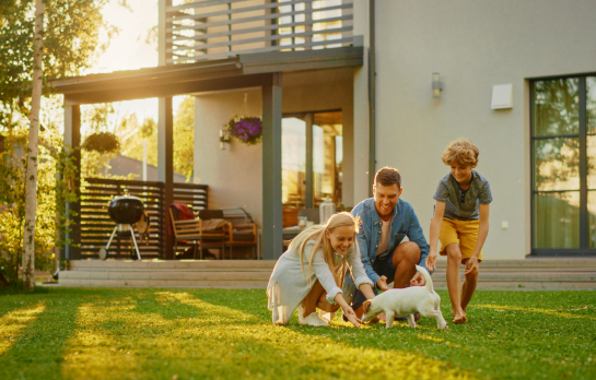 mom dad kid and dog playing in backyard